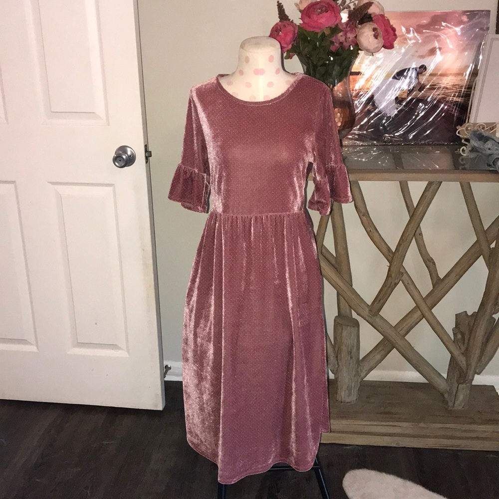 NWT!  Blush ruffle, boho, crushed velvet dress
